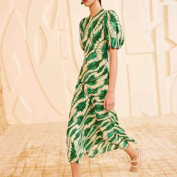 Ulla Johnson Ines Dress Green Silk Puff Sleeve Midi Dress